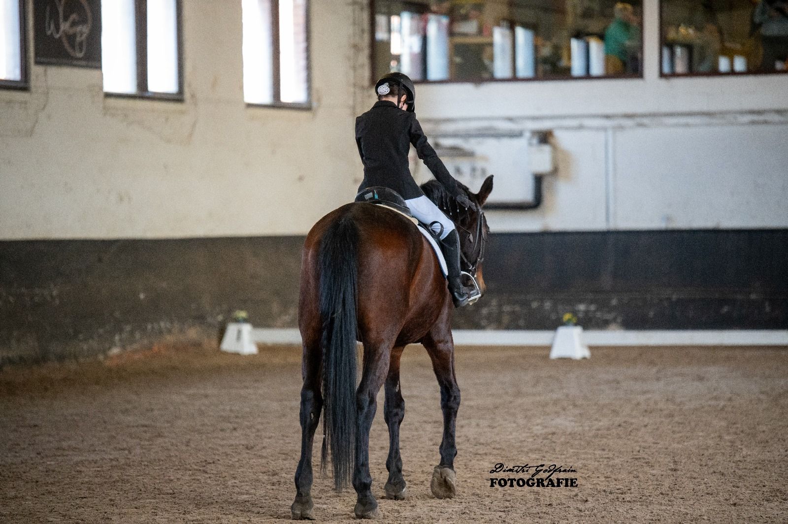 Amazone op een bruin paard in de binnenpiste
