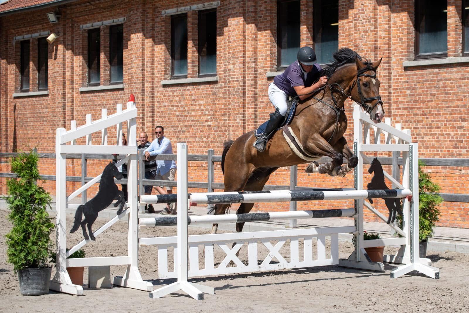 Ruiter springt over een hindernis voor de manege